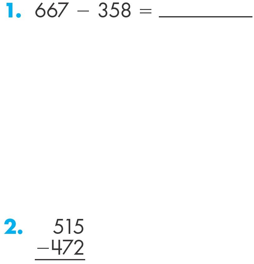 Two subtraction problems: 667 - 358 = blank and 515 - 472 = blank