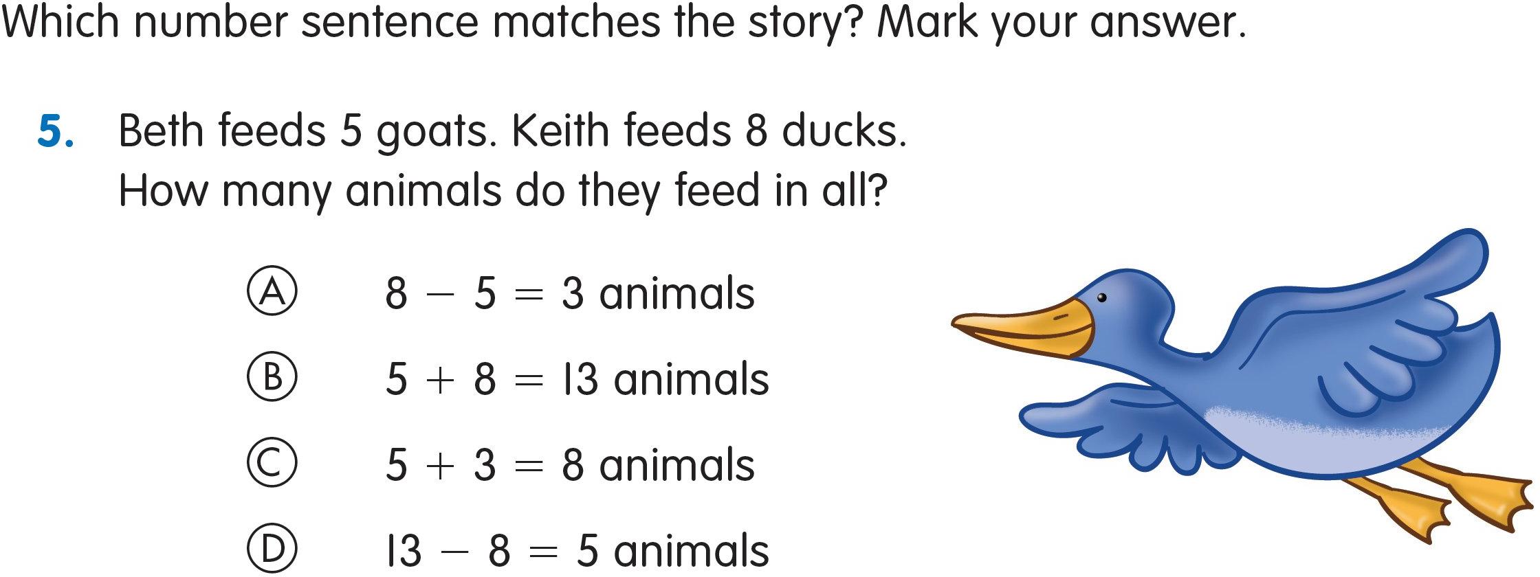 Multiple choice addition problem with a drawing of a duck